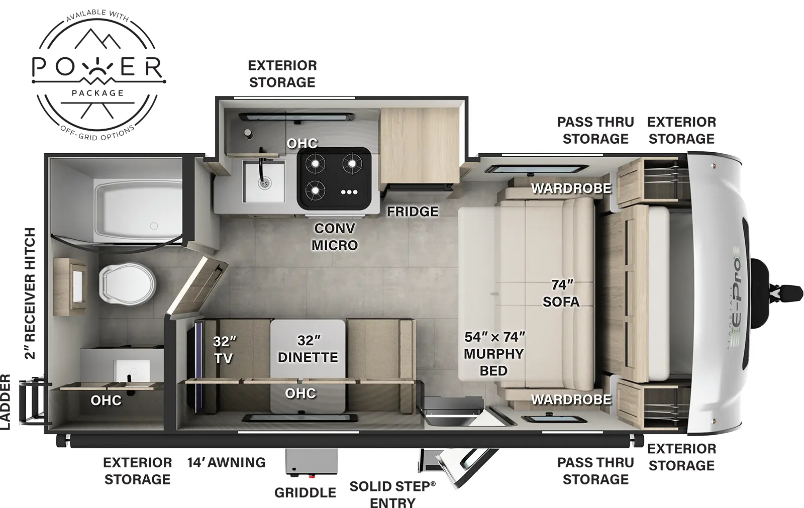 The Flagstaff E-Pro E19FDS has one entry and one slide out. Exterior features include: fiberglass exterior and 14' awning. Interiors features include: murphy bed and rear bathroom.